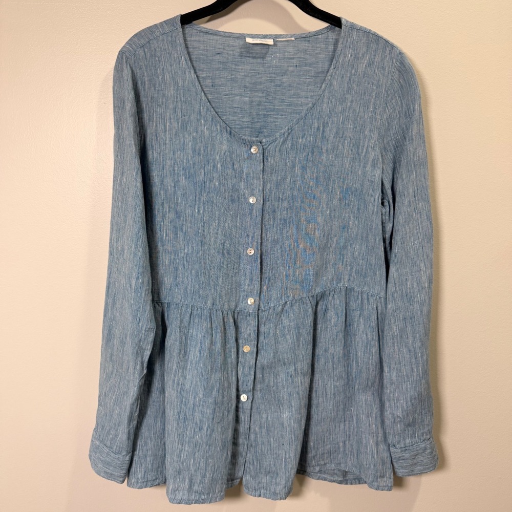 Linen Lagenlook Button Front Peplum Blouse (M) Long Sleeve Cottagecore Boho - Picture 2 of 13